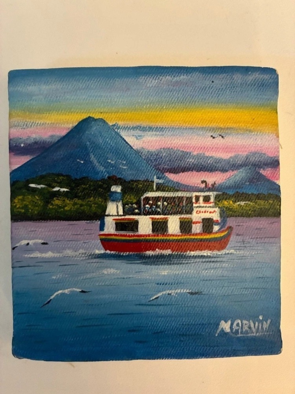 Vintage Mini Folk Art Painting Boat & Volcano Seascape 5.25" Signed OOAK Whimsy